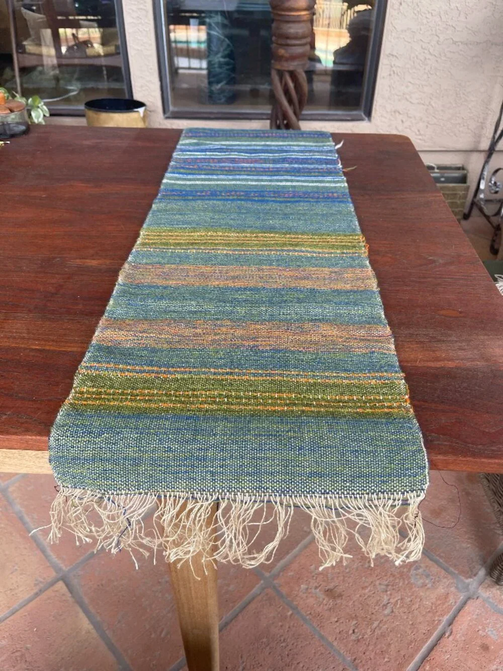 Mid Century Chimayo Rio Grande Green Blue Orange Stripe Wool Weaving